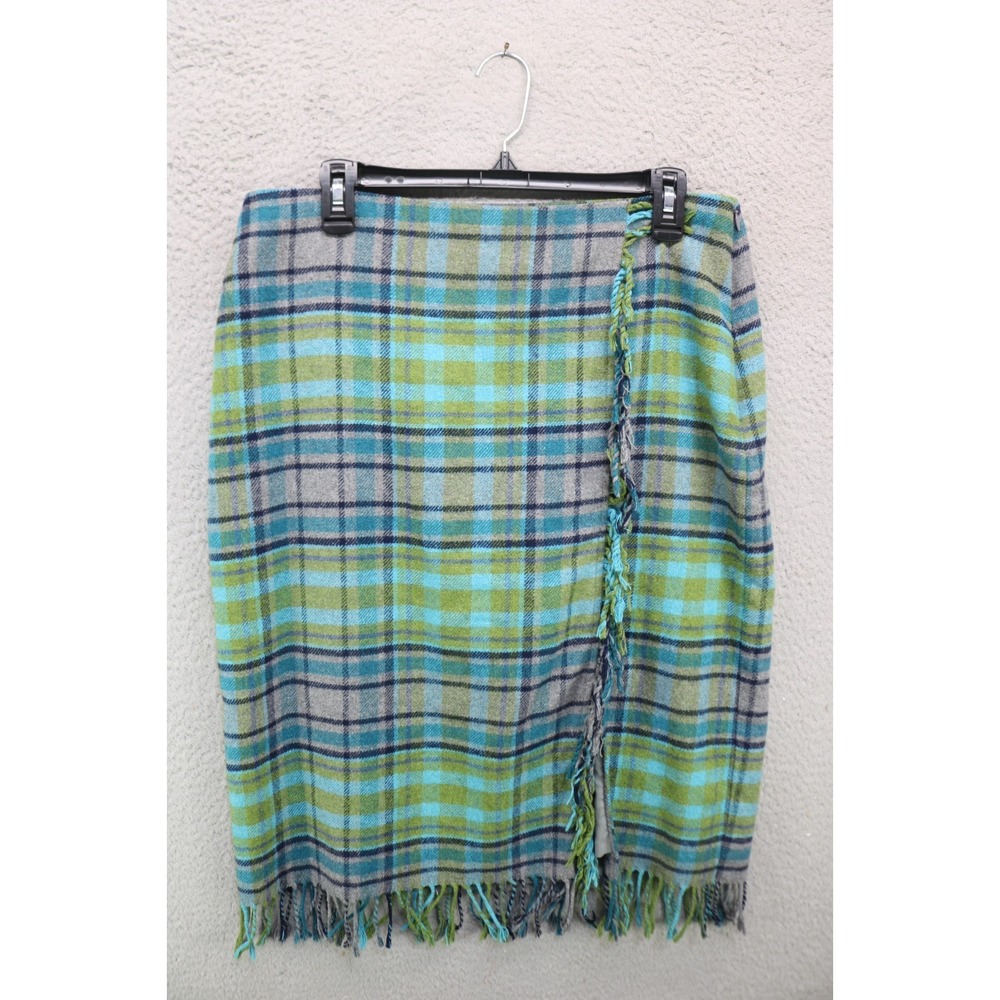 J.Jill Green/Blue Plaid Wool Blend Fringe Skirt-Size 12-Preppy-Office